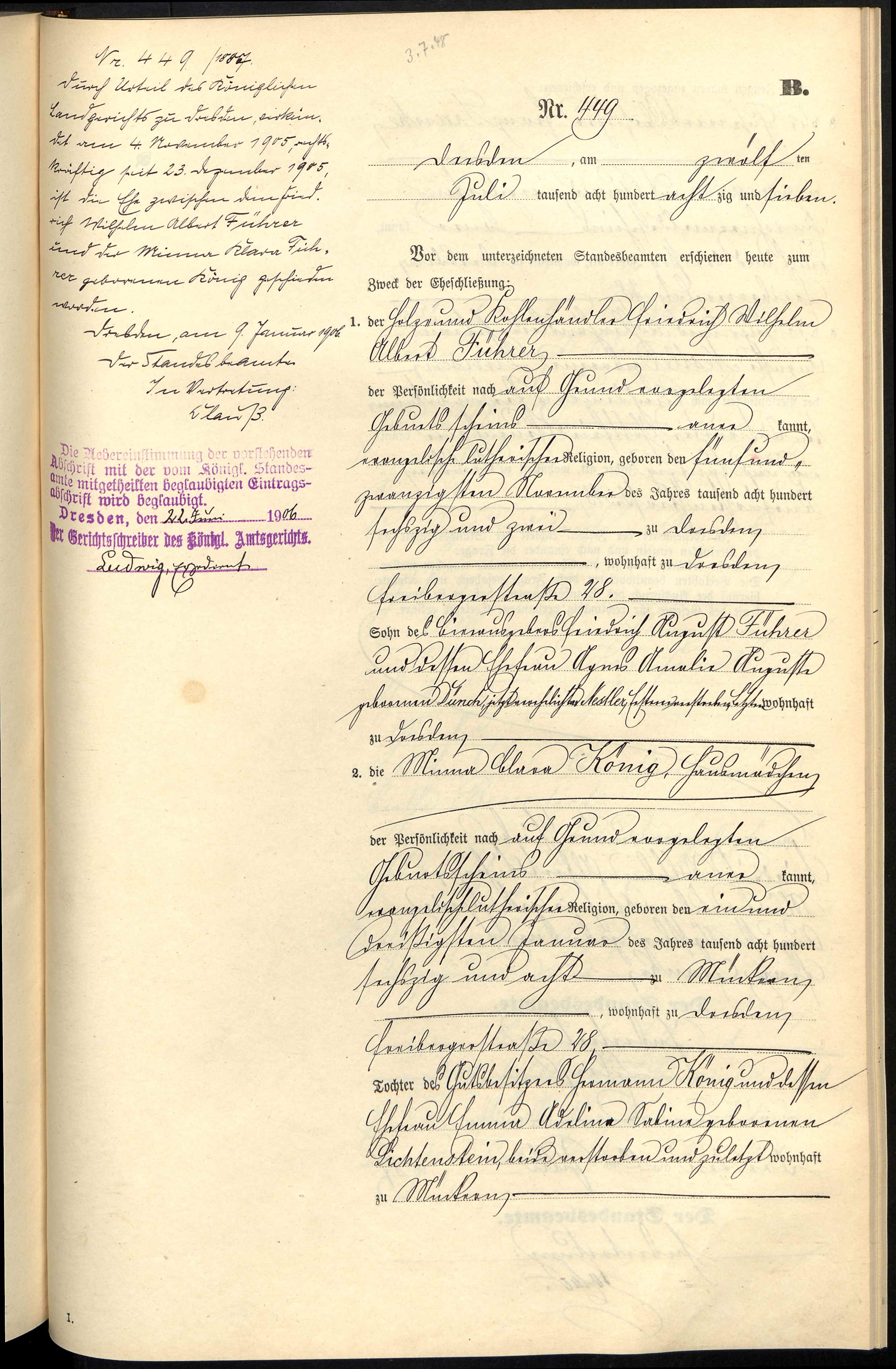 Dresden, Germany, Marriages, 1876-1922