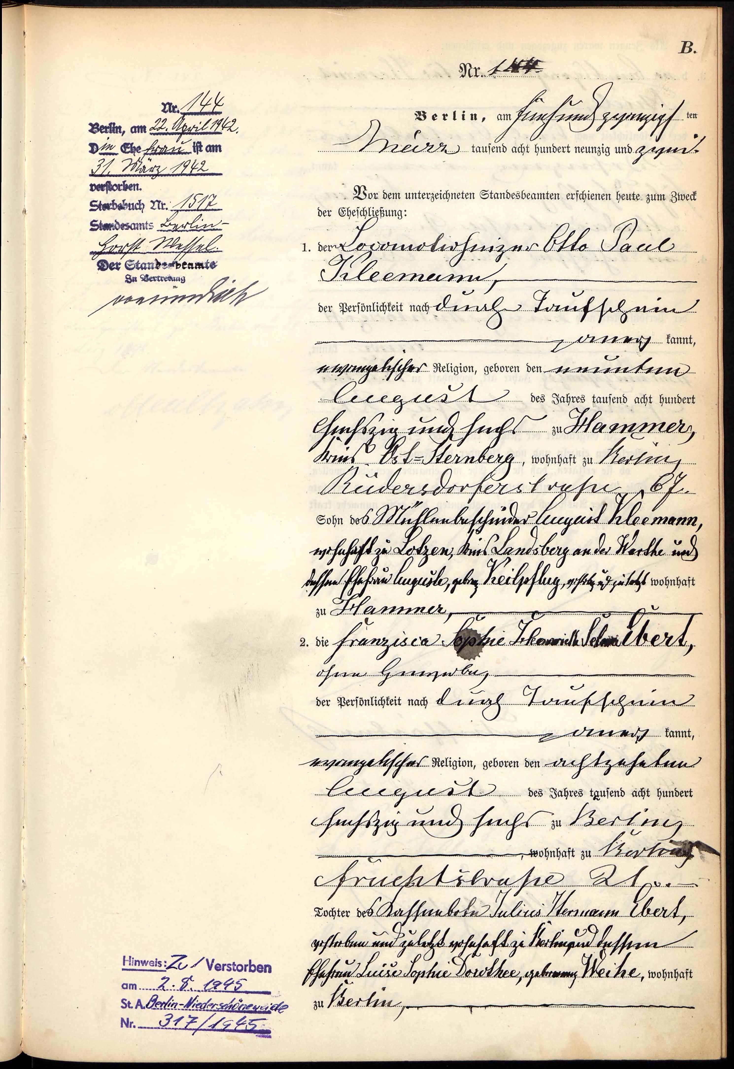 Berlin, Germany, Marriages, 1874-1920